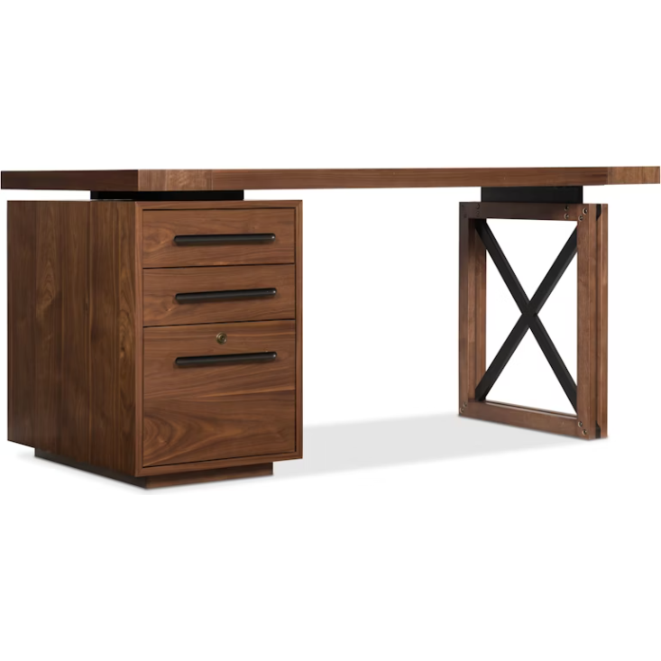 The Soren Walnut Filing Cabinet features modern walnut veneers, a thick rectangular top, three left-side drawers including a locking file drawer with black handles, and an open right side with an X-shaped black metal brace in minimalist industrial style.