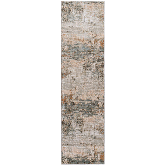 The Somerset Machine Woven Rug, in a rectangular shape, showcases an abstract pattern with muted tones of gray, beige, accented by hints of orange and blue. This durable rug boasts a distressed appearance and combines various textures for an artistic, rustic look. Positioned vertically in the image, this low-maintenance rug effortlessly enhances any space.