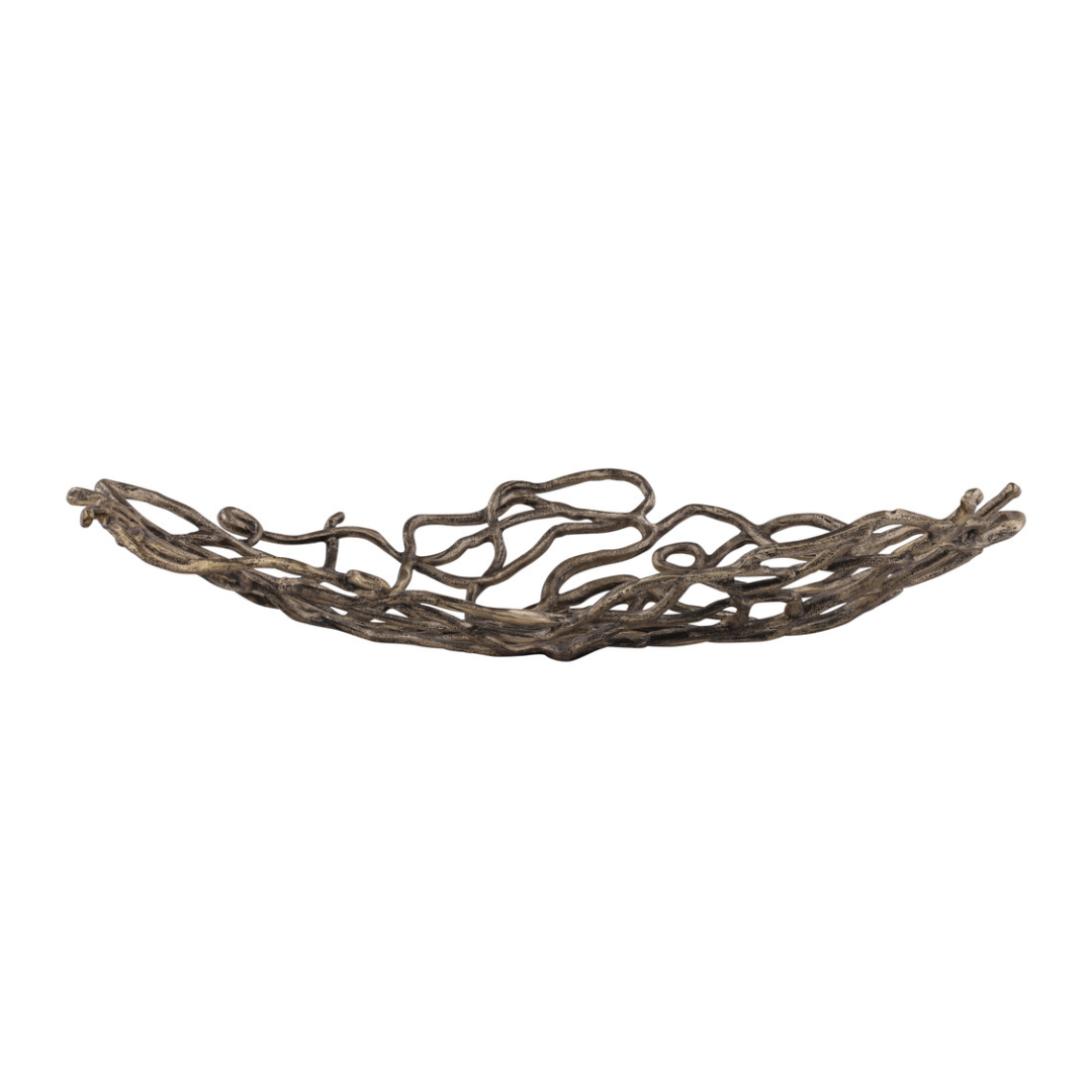 Sculptural bronze branch bowl with organic winding silhouette, perfect as a high-end centerpiece or decorative accent.