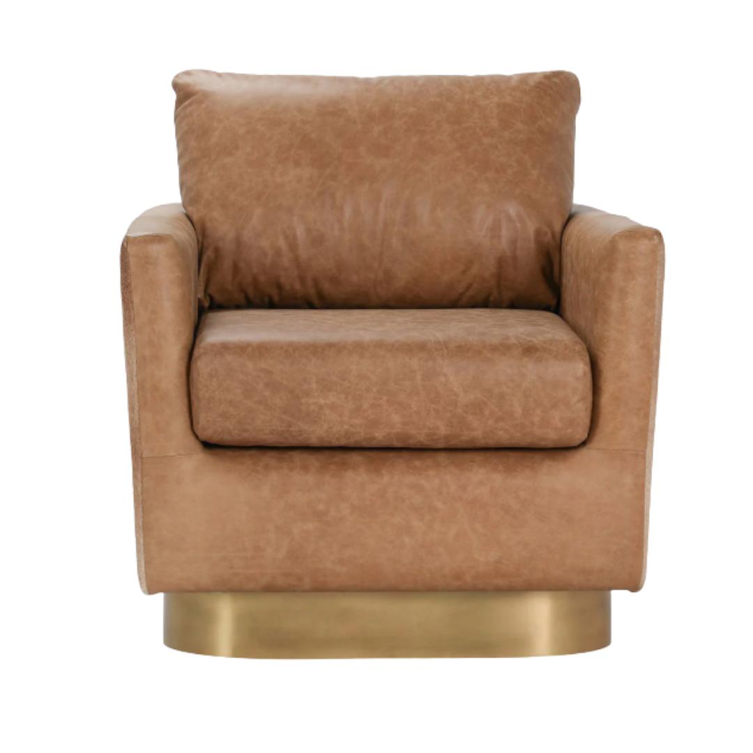 The Velancia Hide & Leather Swivel Chair with top grain brown leather, a plush seat cushion, and high backrest exudes modern glamour. It features wide armrests and a circular gold-colored base; the slightly worn texture enhances its vintage appeal against a white background.