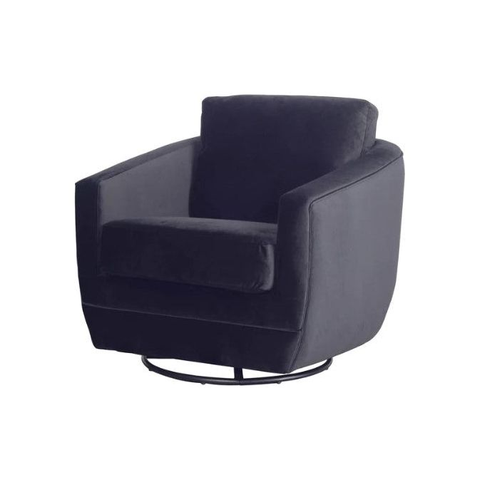 A Baltimore Swivel Glider accent chair isolated on a white background. The chair features sleek, curved lines and plush upholstery with removable cushion covers, offering a contemporary and comfortable seating option.