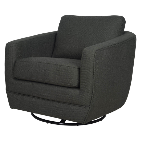 A modern Baltimore Swivel Glider accent chair with clean lines and a slightly angled back. The chair has thick, feather-soft cushions on the seat and a sturdy, circular black metal base.