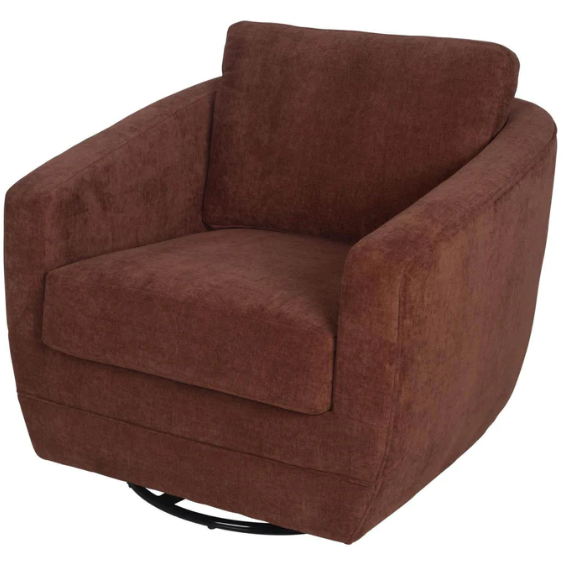 A Baltimore swivel glider accent chair in a deep brown fabric with a soft, textured appearance. The chair features thick, cushioned seat and angular, padded armrests, designed for comfort and style.