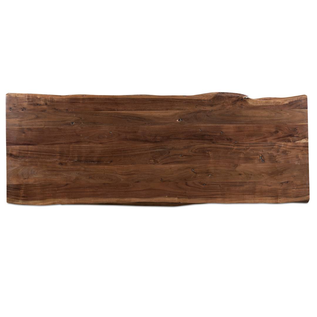 The Bentley Live Edge Counter Table features a rectangular solid acacia wood tabletop with a smooth, polished brown surface, natural live edge design, and visible grain and knots for added texture.