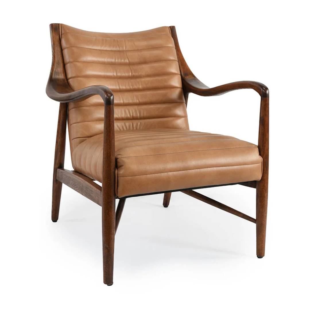 Tan leather armchair with wooden frame on a white background