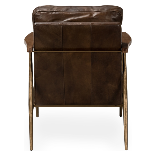 The Gimbal Leather Accent Chair, Brown, features a plush cushion and vertical seams. Crafted from top grain leather with a metal frame and slender legs, it embodies an industrial chic style. Its rich leather color and texture enhance its luxurious appeal.