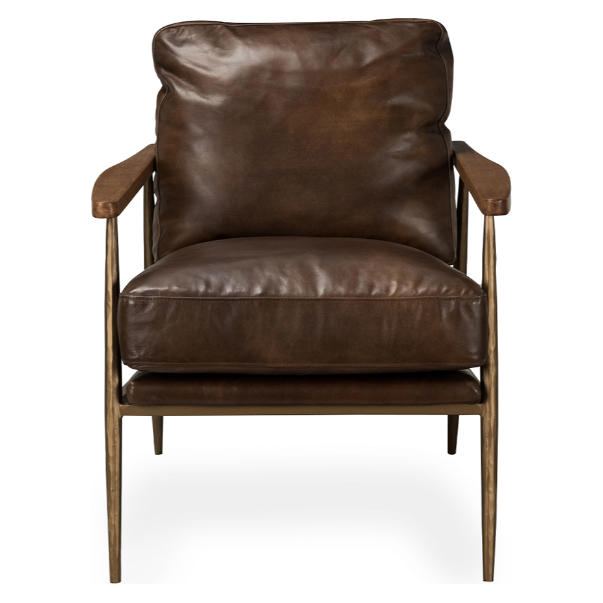 The Gimbal Leather Accent Chair in brown features a plush back and seat cushion with sleek wooden armrests and slender legs. Its polished finish adds elegance, making it ideal for an industrial chic space.