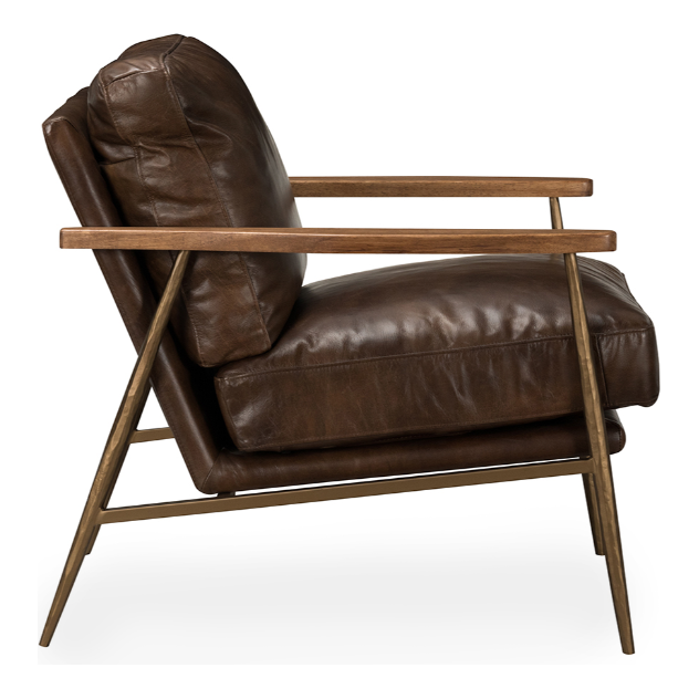 Side view of the Gimbal Leather Accent Chair, Brown, with top grain leather and cushioned seat and backrest. It features a sleek wooden frame with slim armrests, blending industrial chic with modern minimalism. Tapered legs enhance its elegance against a white background.