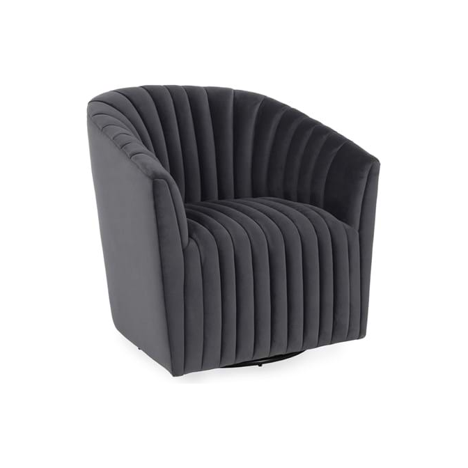 This image features the Adaline Swivel Accent Chair with a curved design and vertical pleating. The chair is upholstered in a dark gray polyester fabric and has a swivel base, isolated on a white background.