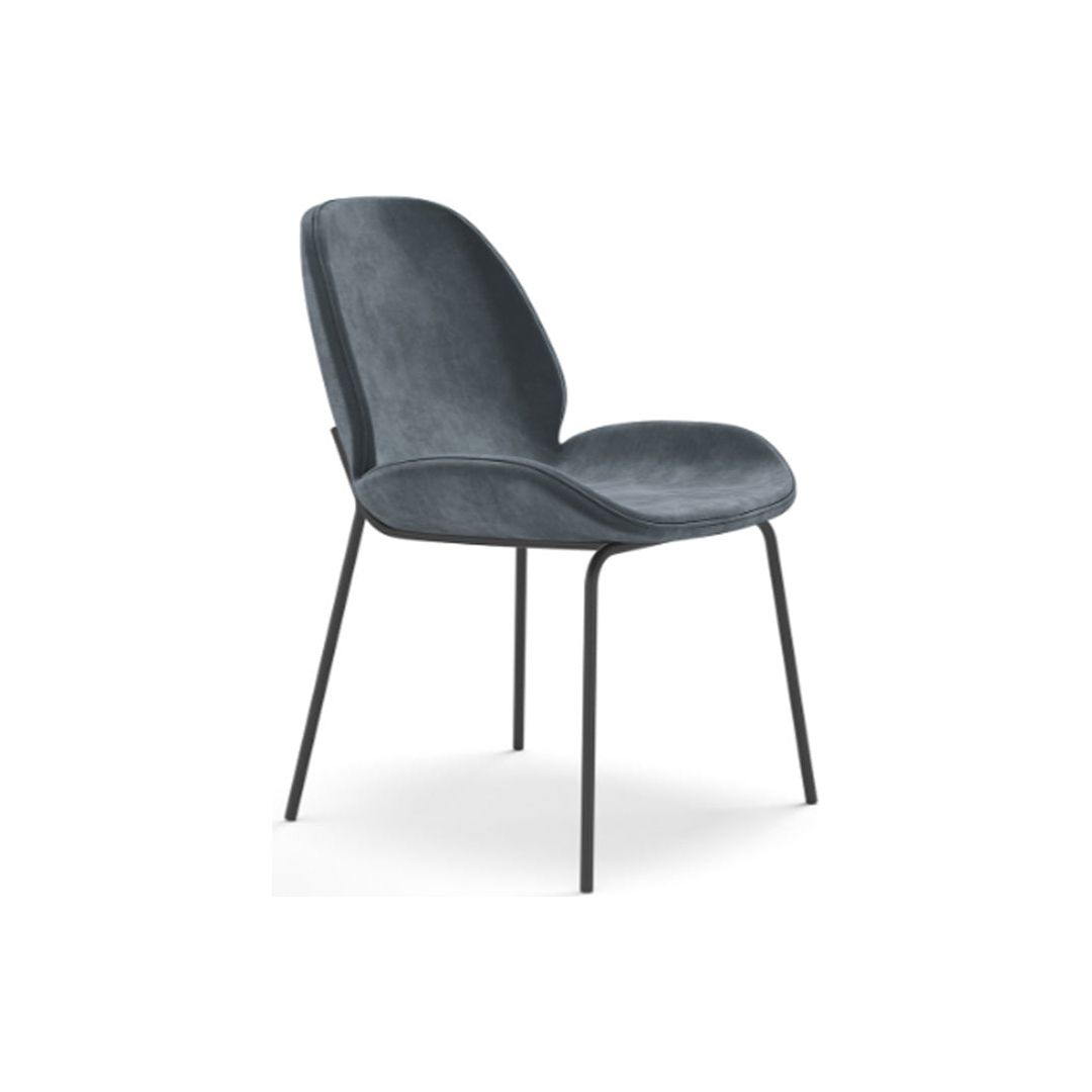 A modern, minimalist King Dining Chair, Smoked Turquoise with a dark gray cushioned seat and backrest. The chair has a slightly curved, shell-like design, supported by four slender, black metal legs that angle outward. The durable upholstery appears soft and has a subtle texture, giving it a sleek and elegant appearance.