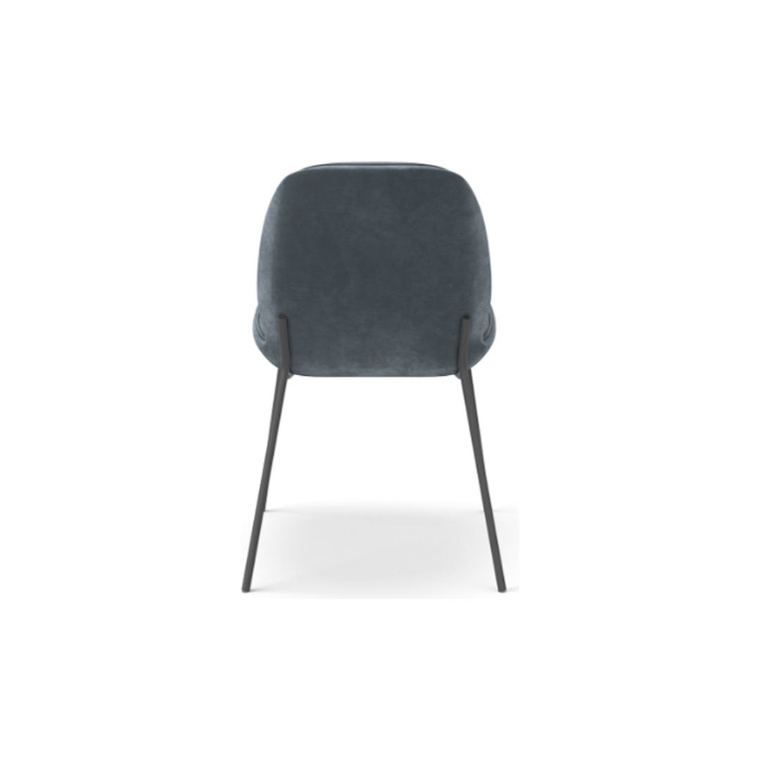 A King Dining Chair, Smoked Turquoise with a sleek, minimalist design is shown from the back. The chair has a curved, cushioned backrest upholstered in durable dark gray fabric. It stands on four slender, black metal legs that slightly angle outwards, creating a stylish and contemporary appearance. The background is white.