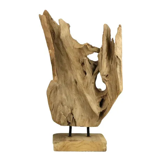 This image shows a natural wooden sculpture with an organic, rugged texture. The artwork, resembling the Driftwood Erosion Wood Sculpture, features irregular, jagged edges and a hollow, weathered appearance. It's mounted on a rectangular metal base with supports that showcase the wood's grain and rustic charm.