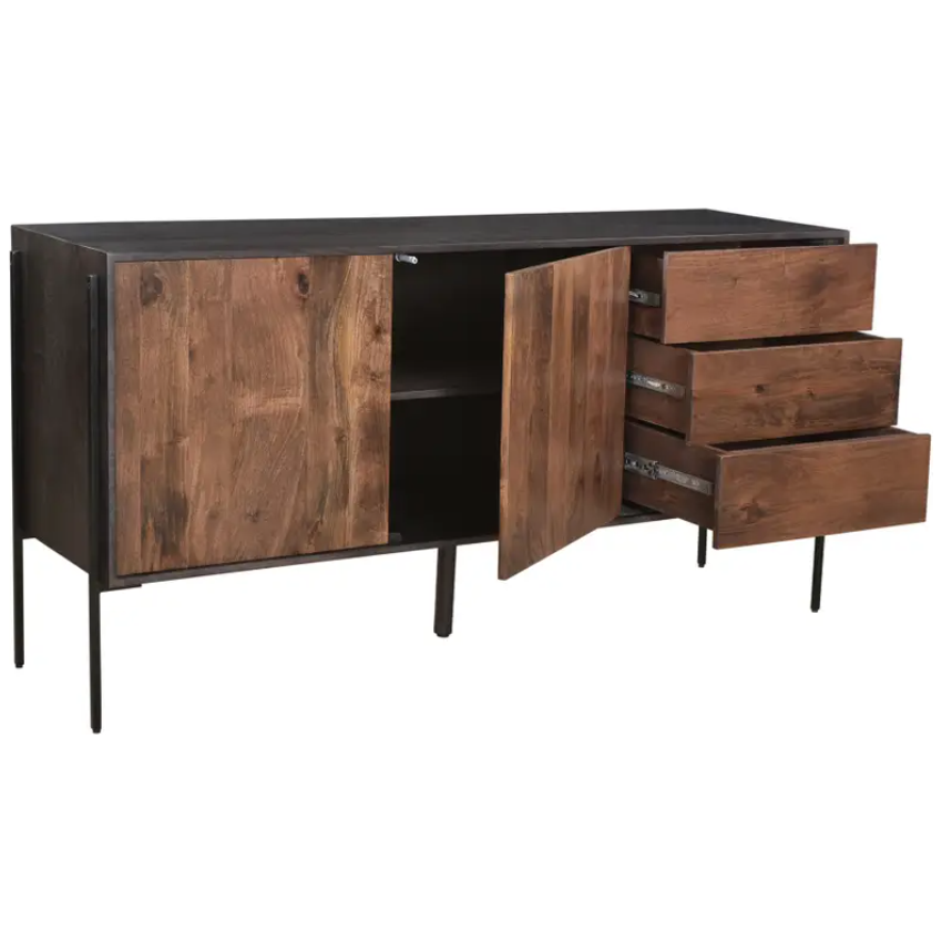 A modern Sona Sideboard with a sleek black top and dark metal legs. It features a rich, walnut wood finish with four drawers on the right, partially extended, and an open cabinet space on the left.