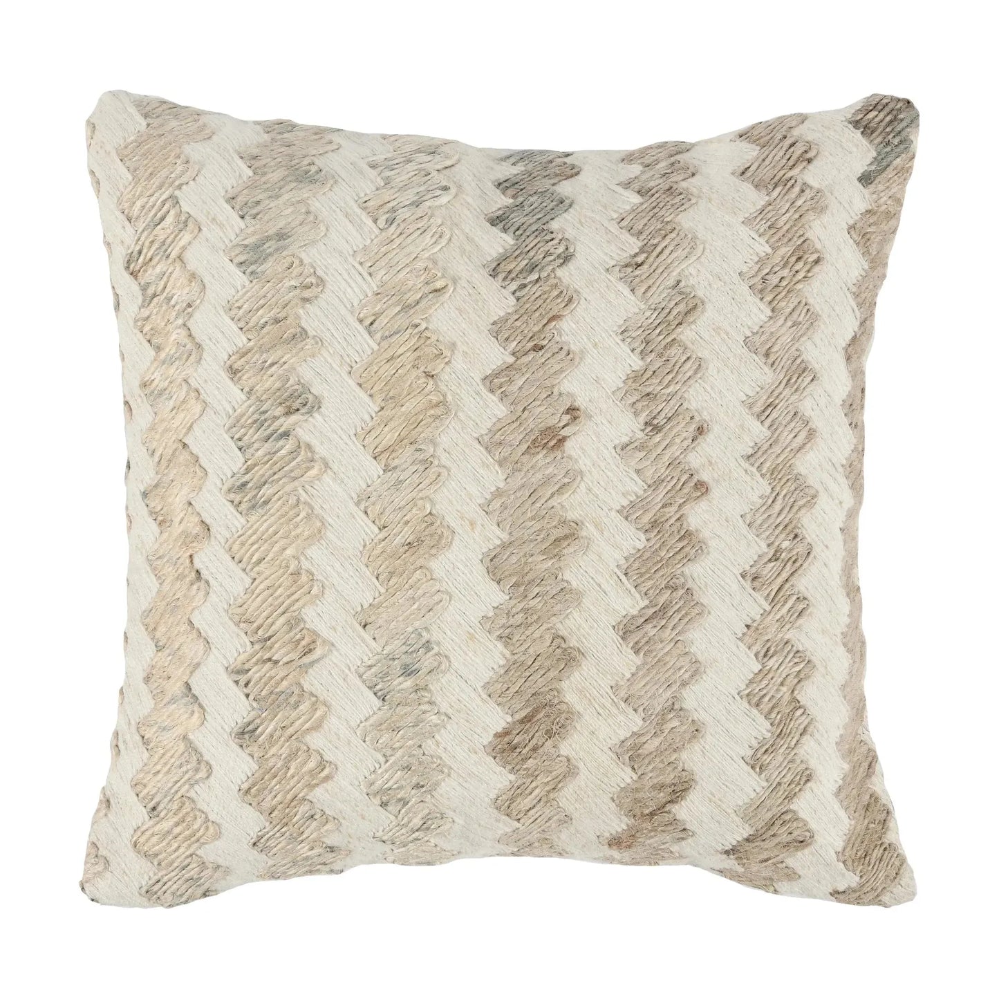 The Natural Jute Throw Pillow showcases a textured chevron pattern in beige and light brown with zigzag embroidery for a plush, 3D look. Filled with a luxury feather and down insert, it combines comfort and elegance against its neutral backdrop.