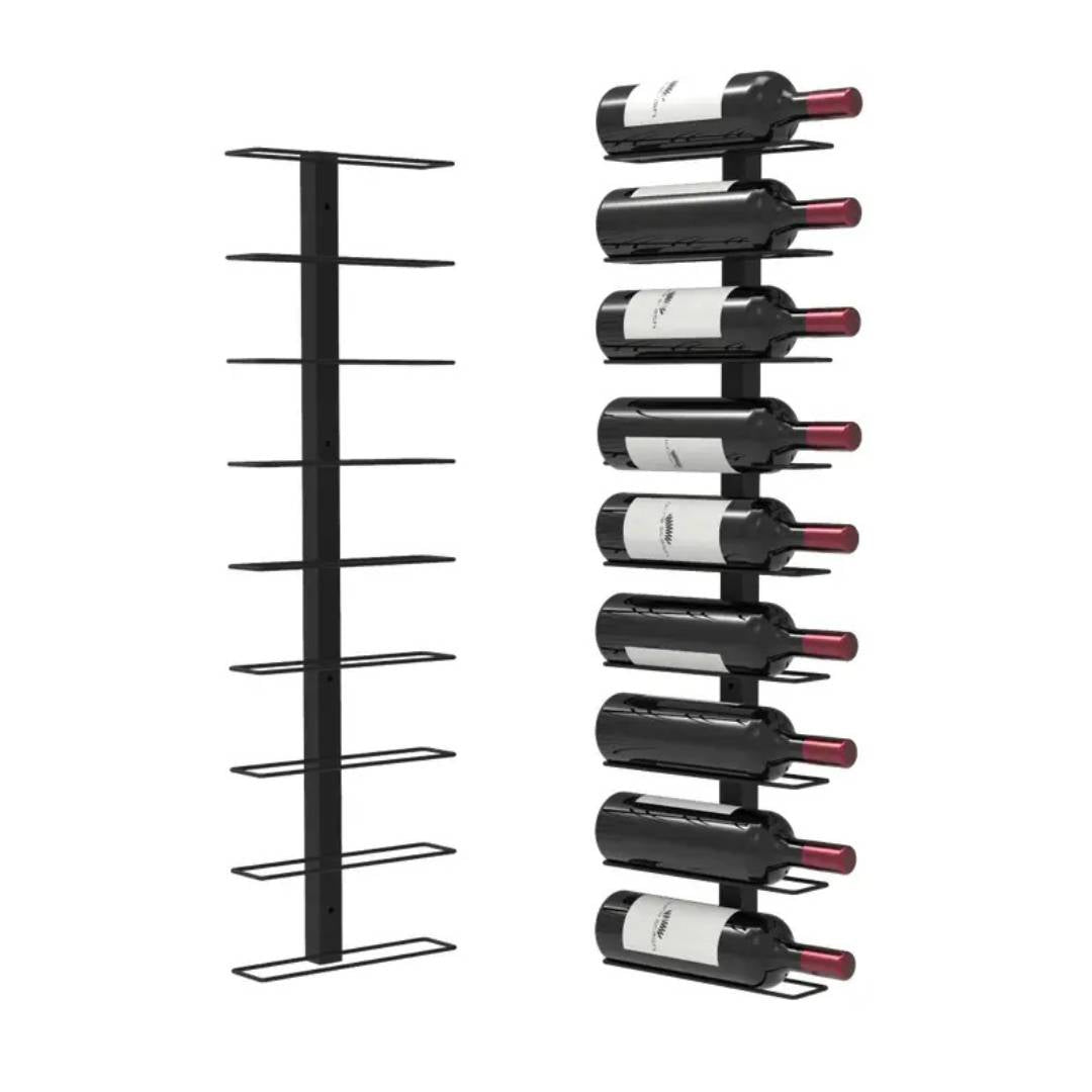 Two views of the 9-Bottle Wrought Iron Wall Wine Rack: the left shows the minimalist, vertical rack empty with nine slots; the right displays it holding nine bottles horizontally. Stylish black wall-mounted design.
