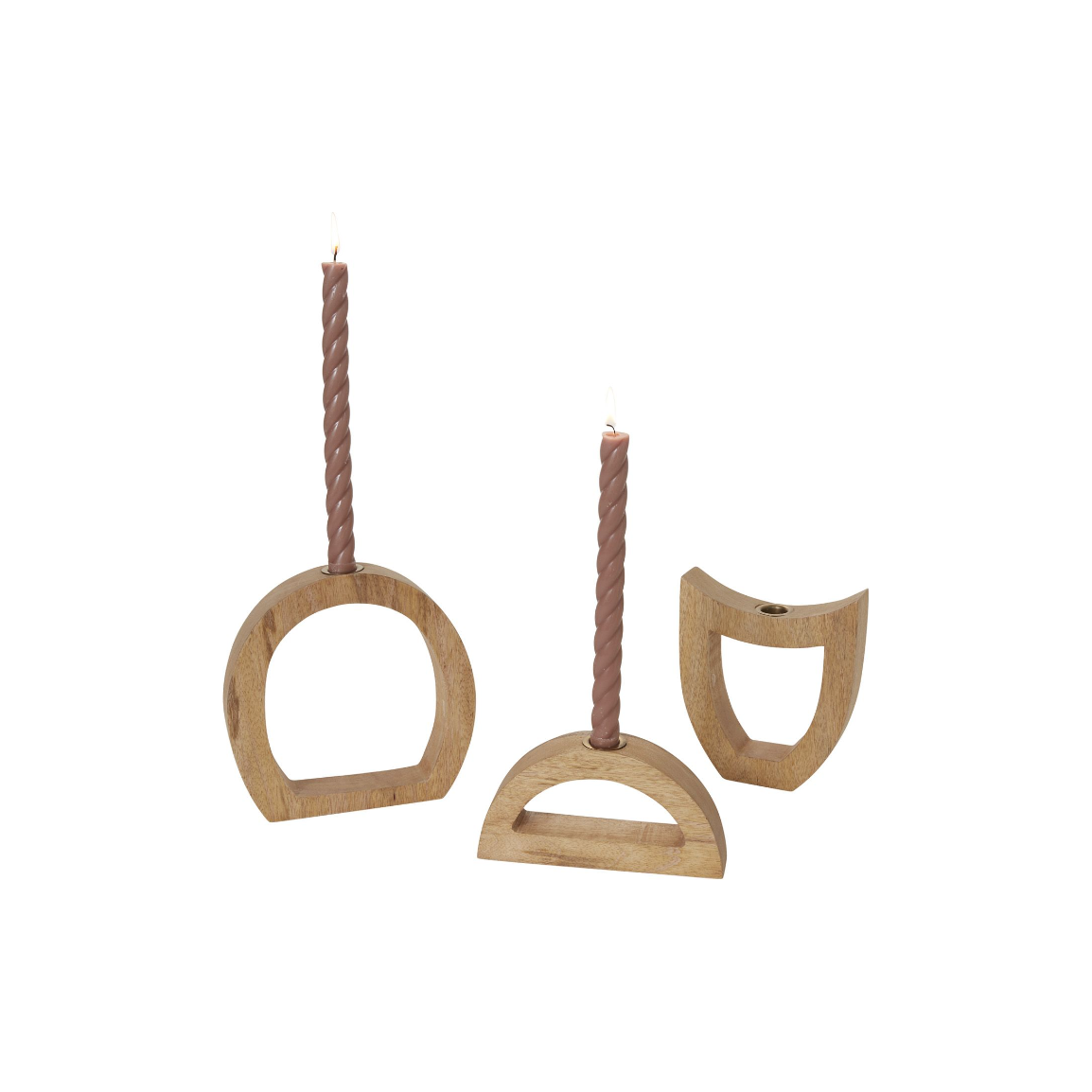 A set of three mango wood candle holders in geometric shapes with a natural finish includes two with lit, twisted mauve candles—one arched, the other semi-circular—and a crescent-shaped holder. The latter is perfect for a brass insert, all elegantly arranged on a white background.