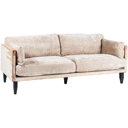 A beige three-seater Burton Champagne Chenille Sofa with plush cushions, wooden armrests, and black tapered legs, set against a white background. The upholstery appears soft and textured, and the sofa has a casual, comfortable look.