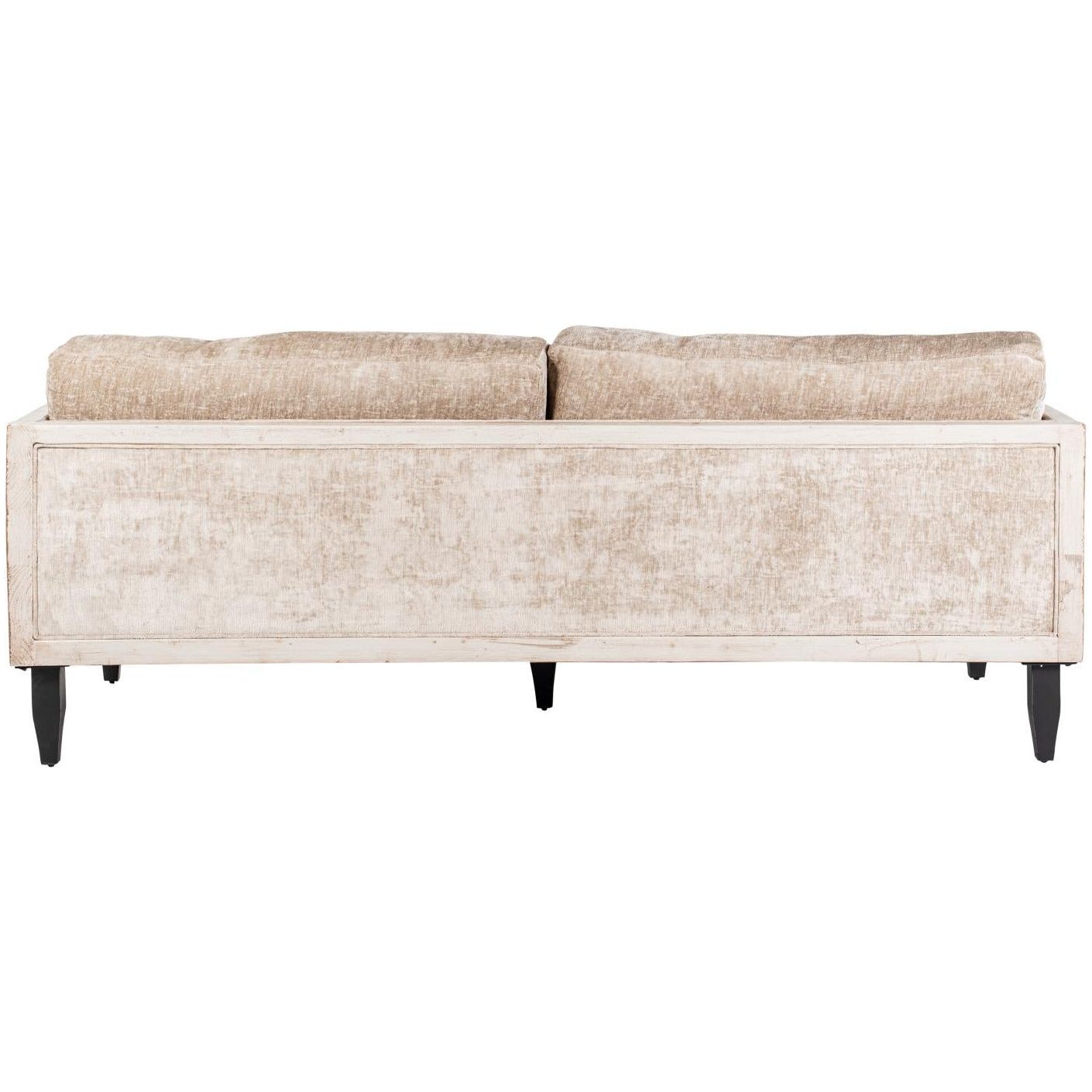 A vintage-style Burton Champagne Chenille Sofa with two plush back cushions and a reclaimed pine frame, standing on short black cylindrical legs, isolated on a white background.