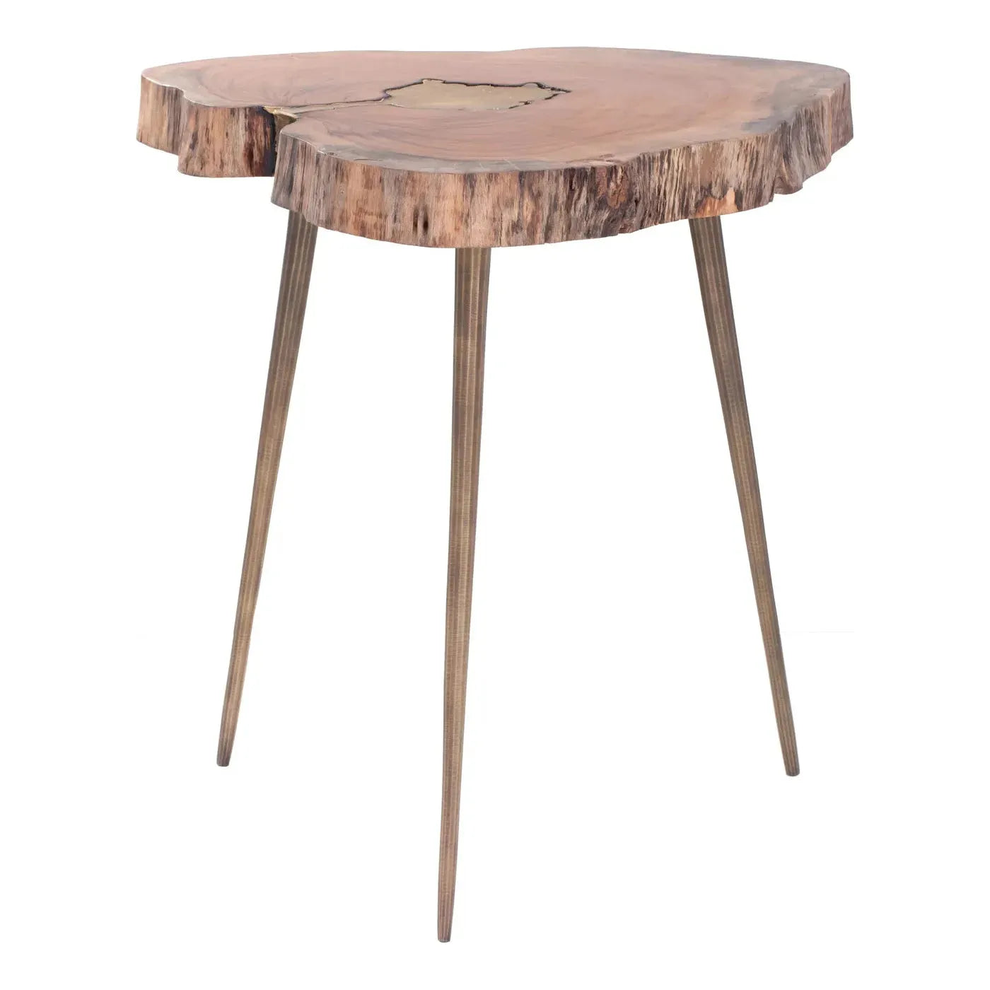 The Brass Inlay Side Table showcases a handcrafted design with a live-edge acacia wood top, boasting distinct grain patterns and a minor crack. It is supported by three slim, angled metal legs, offering a modern rustic aesthetic that beautifully combines natural and contemporary features.
