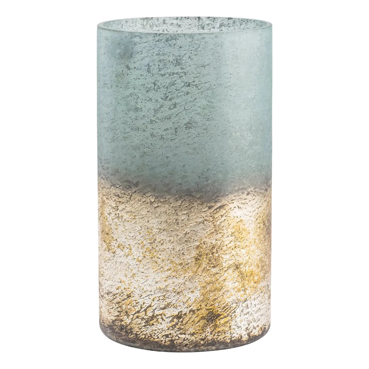 A cylindrical tall vase with a textured gradient design. The top half is a weathered teal color, transitioning into a gold-speckled lower half, which fades into a darker brown at the base. The vase has a rough, rustic appearance with a sophisticated blend of colors, perfect as the Cambridge Hurricane Cylinder.