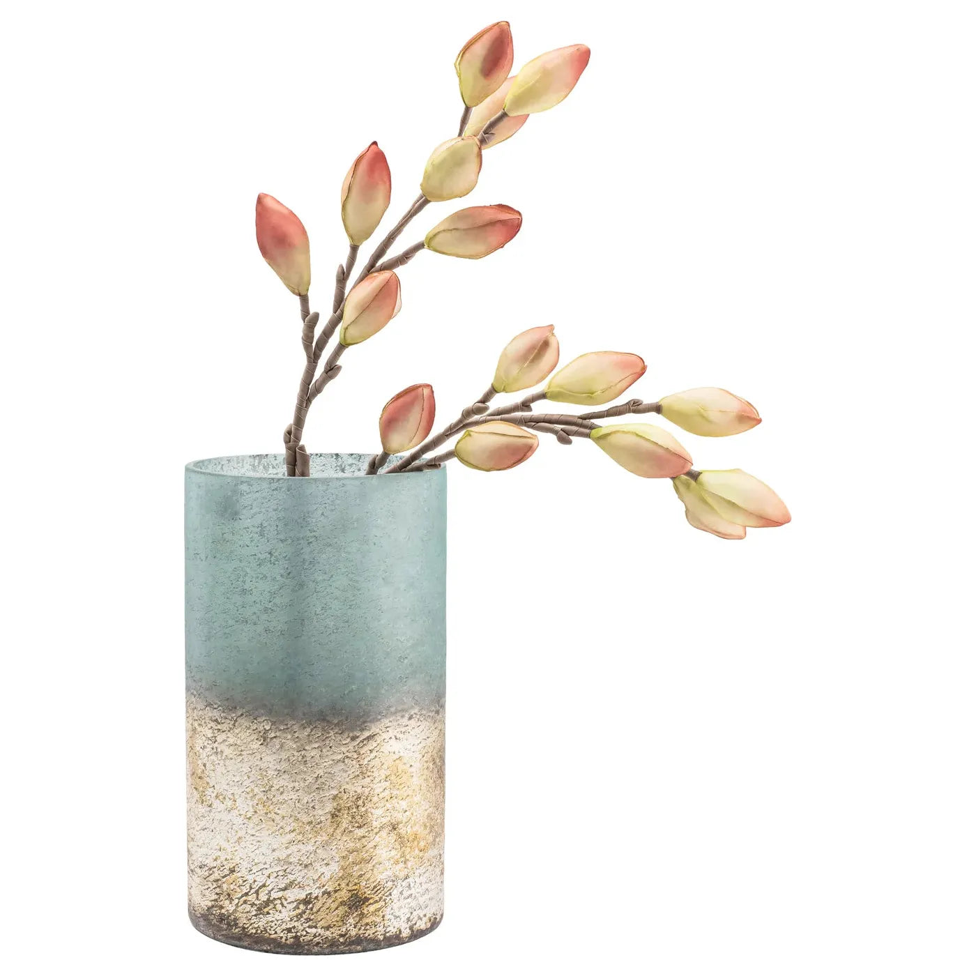 A Cambridge Hurricane Cylinder with a gradient from turquoise at the top to textured gold at the bottom holds a sprig of budding light green flowers with pink tips. This modern, stylish piece showcases a cylindrical form and the flowers delicately lean to the right, creating a graceful arrangement.