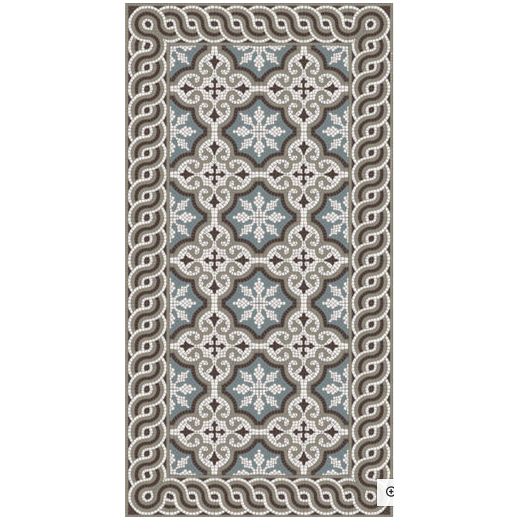 The Maple Vinyl Rug features an ornate rectangular design with a repeating star and floral pattern in shades of blue, brown, and white. Its border includes an intricate wavy design and interlocking loops, beautifully framing the main pattern. The overall look is both symmetrical and detailed.