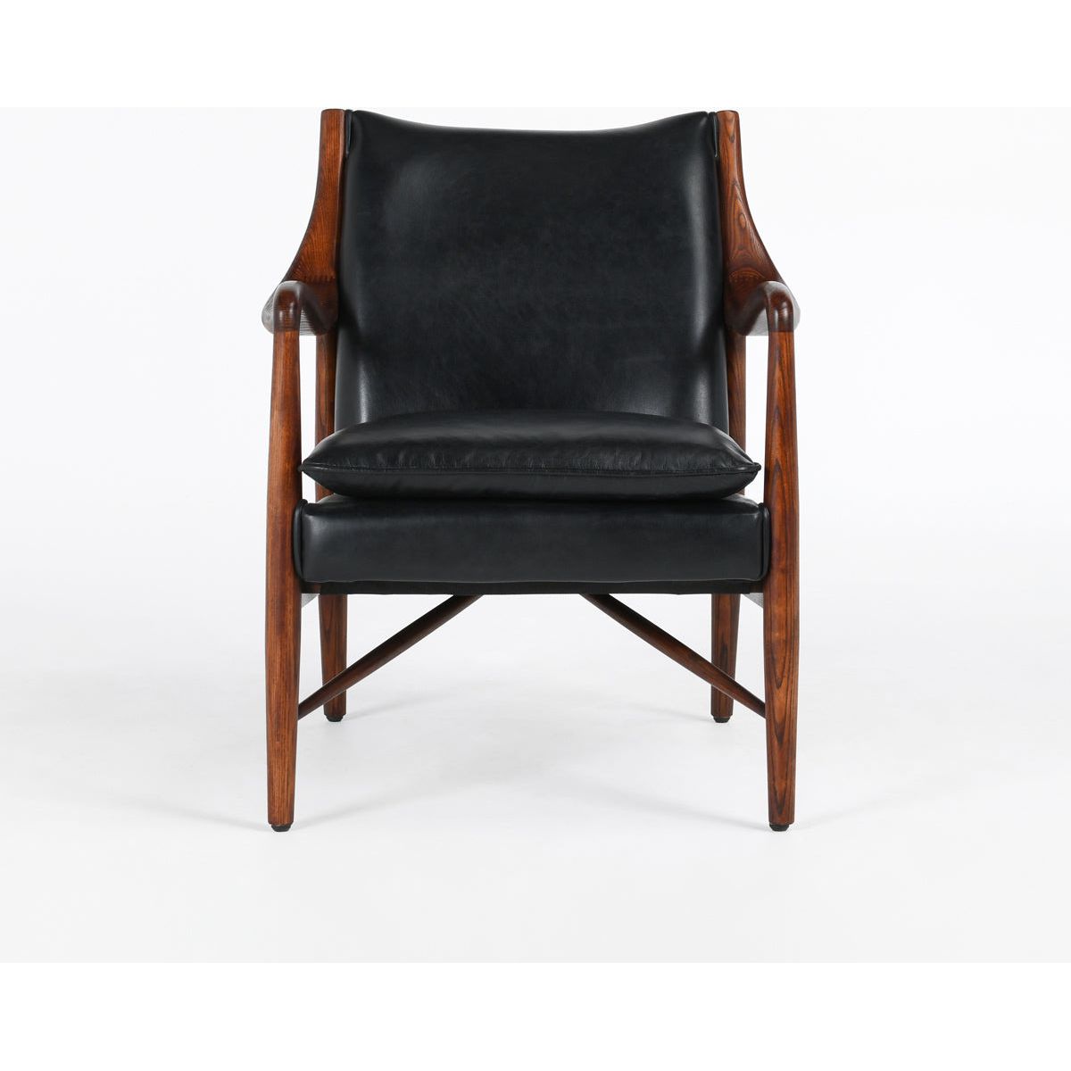 A Benson Mid-Century Leather Accent Chair with a polished walnut frame and genuine black leather upholstery. The chair features a high backrest, gently curved armrests, and angled legs, set against a plain white background.