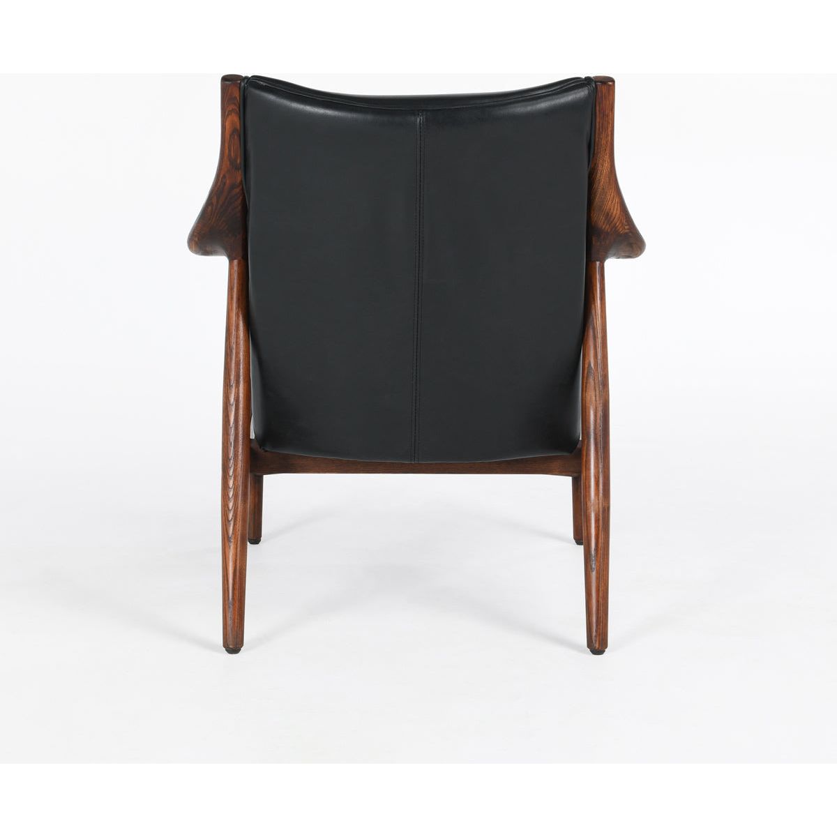 A Benson Mid-Century Leather Accent Chair with a sleek genuine black leather back and seat, framed by rich, dark walnut armrests and legs that show off natural wood grain. The design is contemporary with clean lines and a minimalist aesthetic.