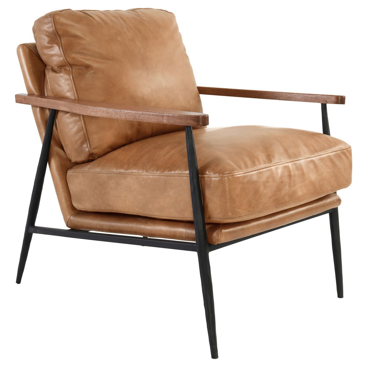 A modern armchair featuring a plush, tan Gimbal Leather Accent Chair cushioned seat and backrest, with a sleek black metal frame and wooden armrests. The chair's design combines elements of industrial and contemporary styles.