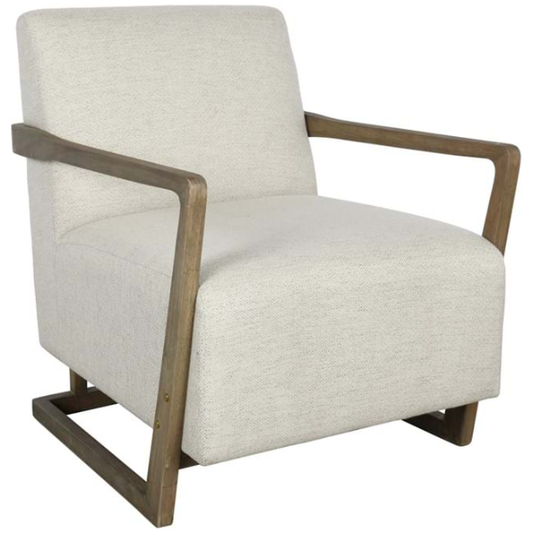 A Lea Accent Chair with a cream polyester upholstery and a unique wooden frame in a deep brown finish. The frame features an angular design, with armrests smoothly transitioning into front and rear legs.