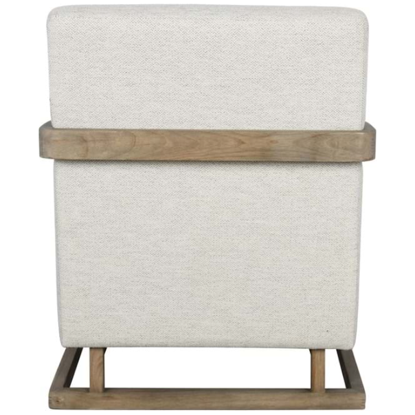 A modern Lea Accent Chair featuring a light beige upholstery and a wooden frame. The chair has a square shape with a thick padded seat and backrest, supported by a simple, sturdy wooden base.