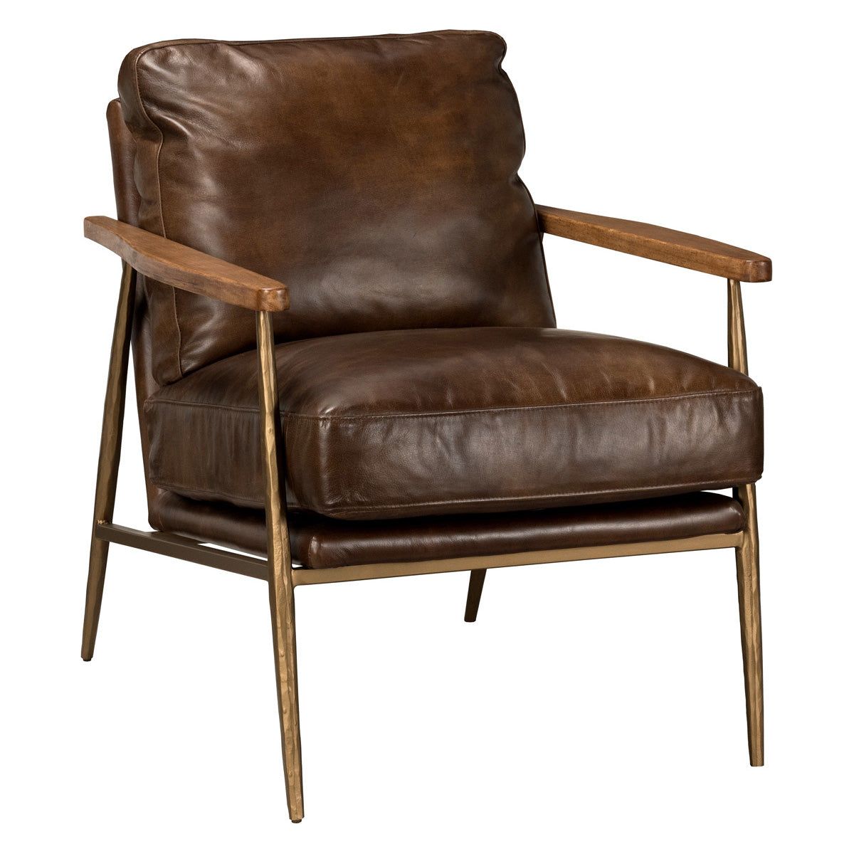 A Gimbal top grain leather armchair with a plush seat and back cushion. The chair has a sleek, hammered iron frame and natural wood armrests. The leather appears soft and richly colored, giving the chair a luxurious and comfortable look.
