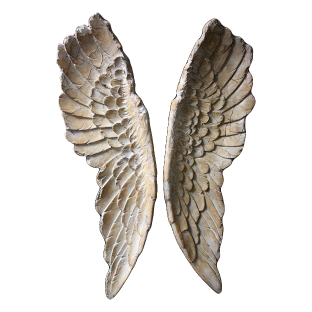 The Angel Wing Wall Art, with its weathered and symmetrical design in a pale beige tone, features intricate feather details and textured lines. Perfect for holiday decorations, this vintage-style piece enhances Christmas table settings against a white backdrop.
