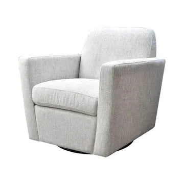 Sentence with the product name:
A modern Cooper Swivel Accent Chair in white fabric with square design elements, featuring padded armrests and a thick, comfortable seat cushion, isolated on a white background for a crisp, concise look.