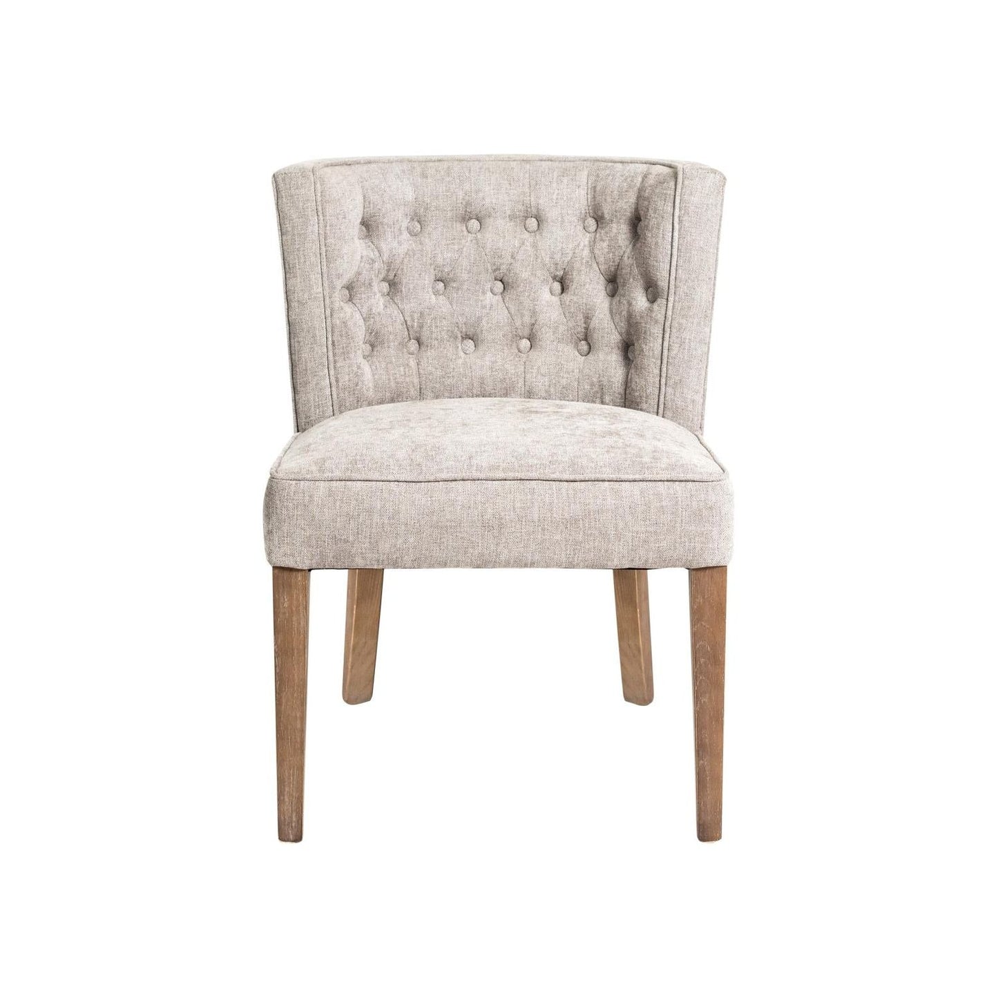 This is an image of the Stella Armchair, a beige tufted accent chair with a high, curved backrest and wooden legs. The chair is upholstered in a light beige fabric with diamond tufting detail on the backrest.