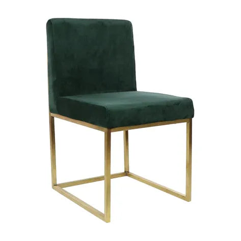 A Green Velvet Dining Chair with a dark green velvet upholstered seat and backrest. The chair features a sleek, minimalist design with straight lines and is supported by a gold-colored metal frame that forms a rectangular base. The overall style is contemporary and elegant.