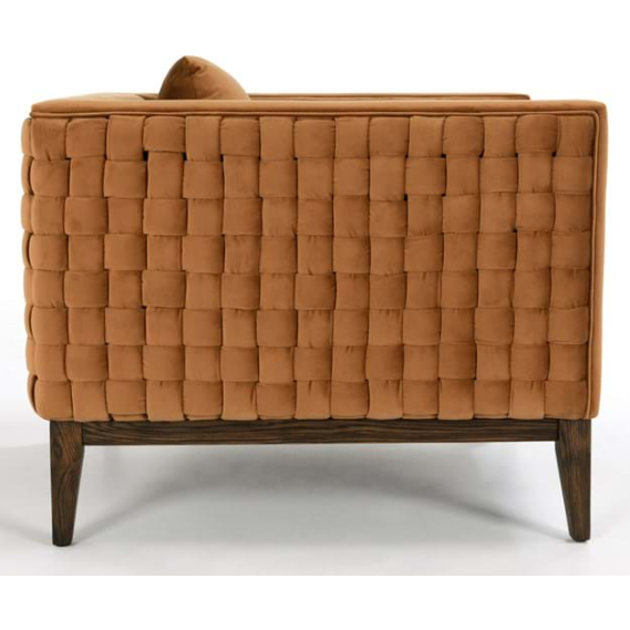 Sentence with product name: The Amber Accent Chair features a woven tan leather back and seat, supported by dark wooden legs. The design showcases a distinctive grid pattern, adding texture and visual interest.