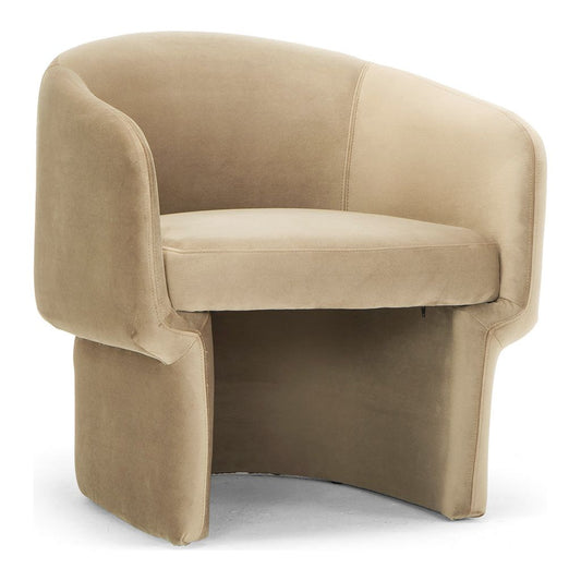 A modern James Velvet Accent Chair with a curved backrest and smooth fabric, isolated against a clean, white background. The chair features a round, cushioned seat and sturdy, skirted base.