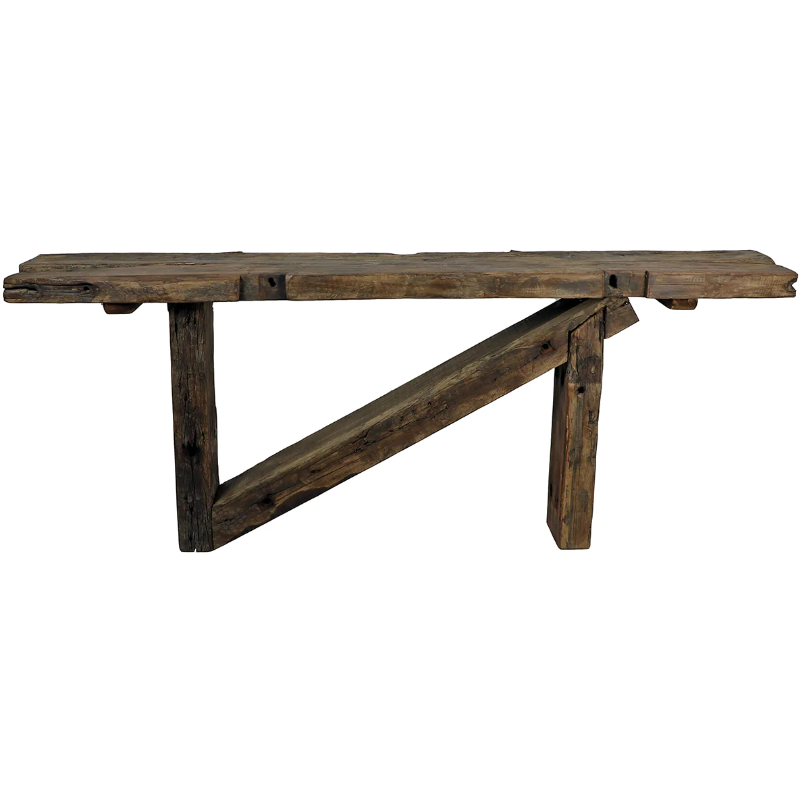 A rustic reclaimed timber console table with a weathered texture and natural imperfections, approximately 78 inches long.