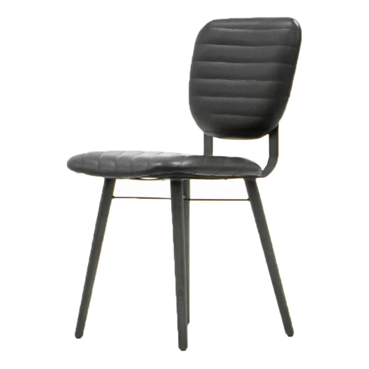 A Black Dining Chair with a padded, vertically-stitched seat and backrest. It boasts a luxurious black leather finish and four slender legs, slightly angled outwards, made from sleek metal. The curved backrest is elevated for ergonomic support, embodying minimalist contemporary design.