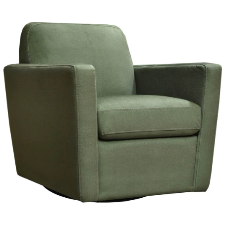 A modern Cooper Swivel Accent Chair with an olive green fabric finish, featuring a broad seat, firm backrest, and sturdy armrests designed for comfort. The chair has visible stitching along the edges, enhancing its design. Perfect for entertaining guests or enjoying a quiet evening at home.