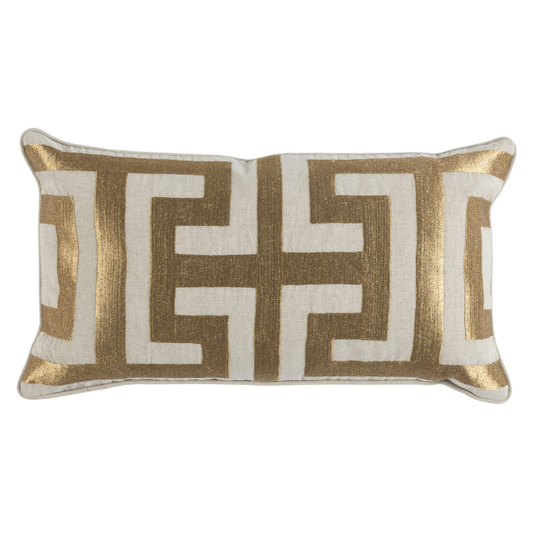 A Geometric Gold Throw Pillow featuring a geometric design. The pillow has a beige background with metallic gold Greek key patterns woven evenly across its surface, creating a symmetrical and modern look. The edges of the pillow are piped, matching the gold design for a cohesive finish.