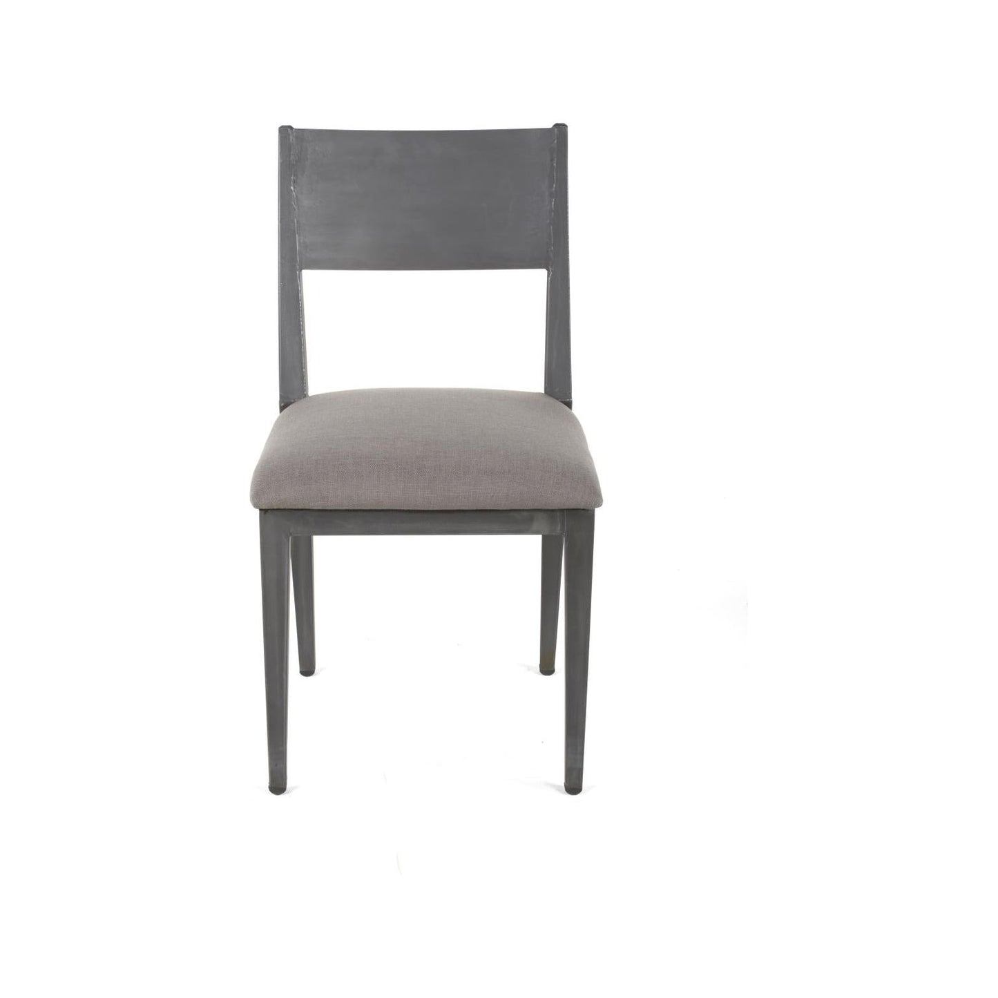 A modern, minimalist gray upholstered Aubrey Metal Dining Chair with a dark gray, high-backrest made of solid material and a light gray cushioned seat. The black iron Aubrey Metal Dining Chair features four straight legs, slightly tapered and also dark gray, all set against a plain white background.