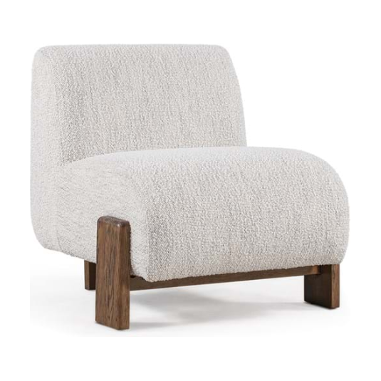 An ivory upholstered accent chair with an ash wood frame and no arms, featuring a boucle fabric texture.