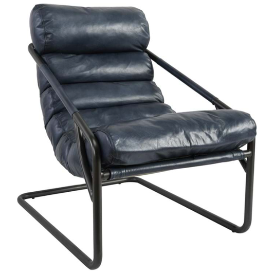A modern lounge chair featuring a black metal frame and overstuffed navy blue top-grain buffalo leather cushions on the seat and backrest, designed for a sleek and luxurious relaxation.