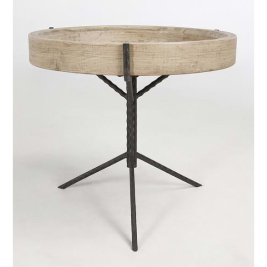 The Lucinda Nesting Tables feature a circular wooden surface with a substantial top, supported by a black metal tripod base. The wood showcases a light, natural finish highlighting the grain patterns, and the metal legs have a textured design that adds to their rustic charm. This low-profile table is presented against a simple white background.
