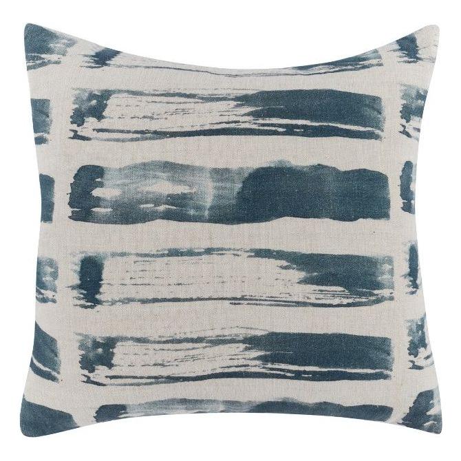 Pacifica Throw Pillow featuring a neutral beige background and bold, horizontal brush stroke patterns in varying shades of blue. The 22 x 22 inch pillow's abstract, artistic design adds a modern and stylish touch, while the feather and down insert brings unmatched luxury to your decor.