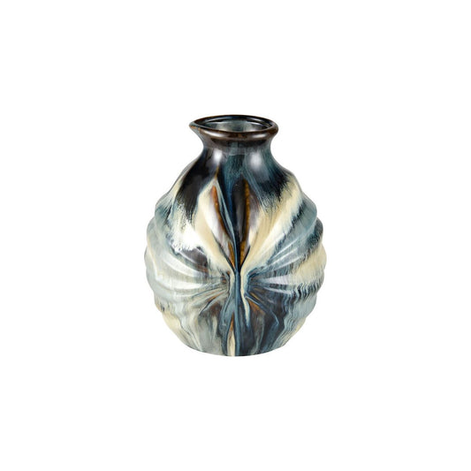 A ceramic vase with a scalloped texture and a glossy finish, featuring a gradient design. The colors blend from a dark blue at the top to light cream in the middle, with intricate, streak-like patterns forming a symmetrical design along the body. This Earthenware Vase exudes rustic charm and has a narrow neck.