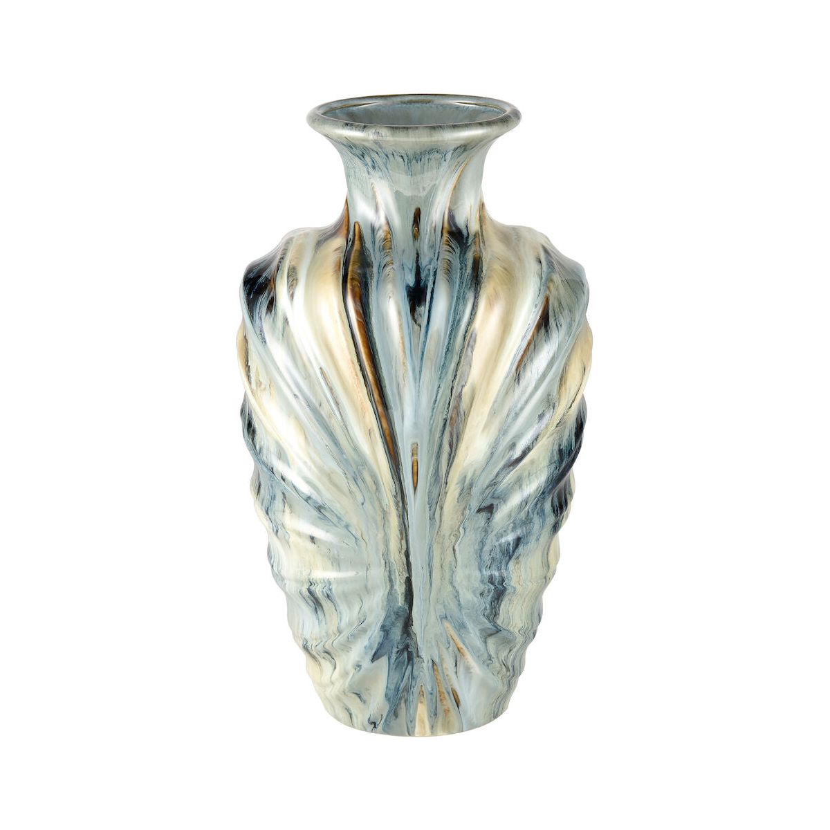 A tall, intricately designed Earthenware Vase with a glossy finish and distressed reactive glaze. It has a textured pattern resembling gently swirling drapery in shades of blue, cream, and grey. The rim is slightly flared, adding elegance to its overall shape and infusing it with rustic charm.

(Note: It seems the product name "Earthenware Vase" is already present in the sentence. No changes were needed.)