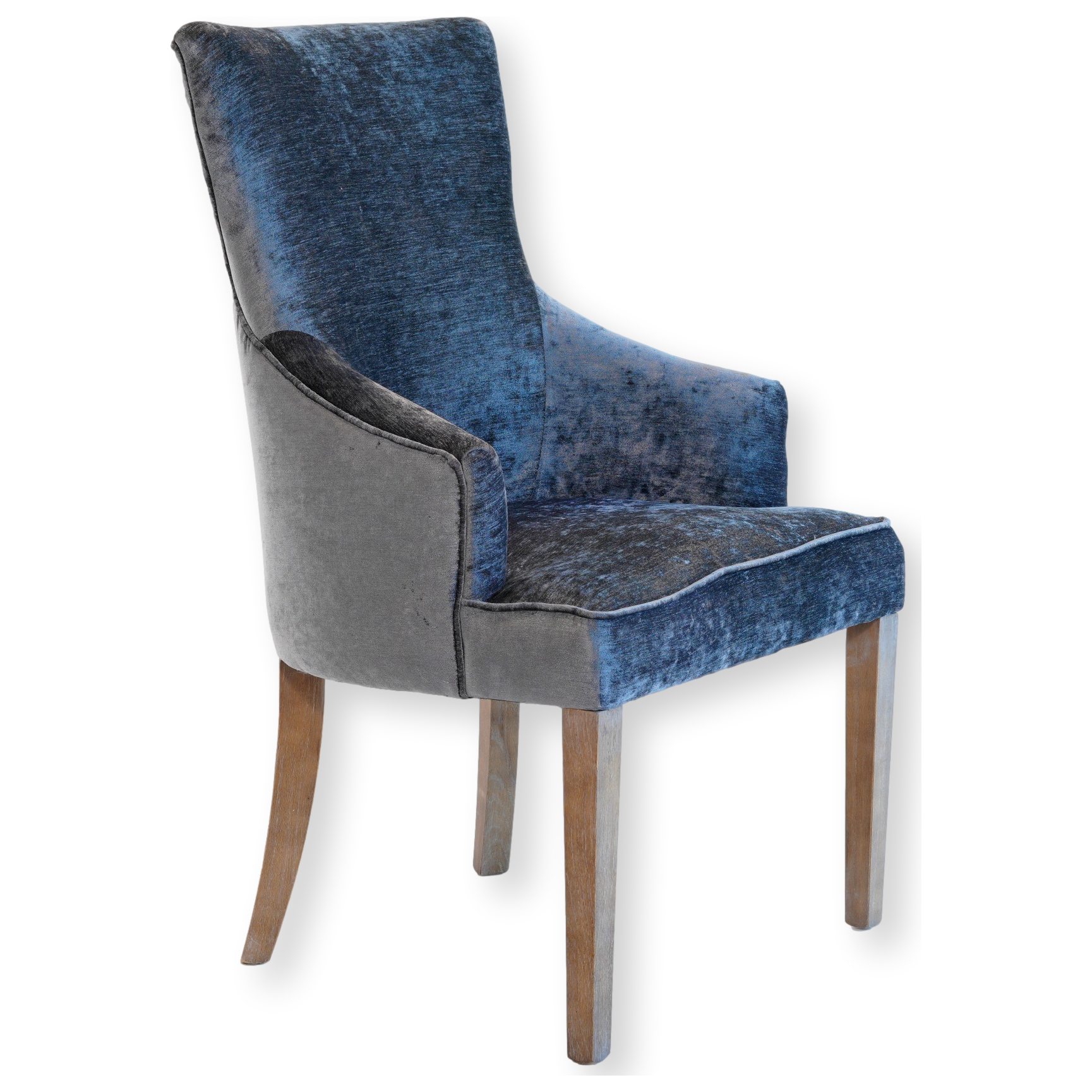 An elegant High Back Dining Chair with wooden legs and dual-toned upholstery; front in rich blue velvet and the sides and back in a contrasting dark gray fabric. The captain's chair has a high back and armrests.